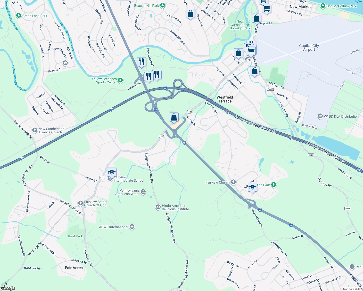map of restaurants, bars, coffee shops, grocery stores, and more near 670 YMCA Dr in New Cumberland