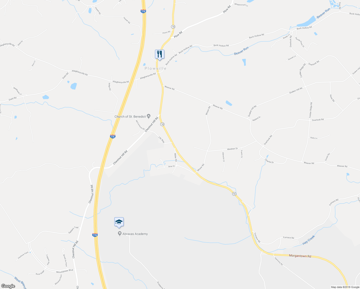 map of restaurants, bars, coffee shops, grocery stores, and more near 4728 Morgantown Road in Mohnton