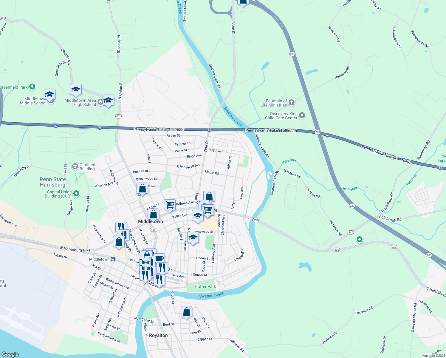 map of restaurants, bars, coffee shops, grocery stores, and more near 739 Adelia Street in Middletown