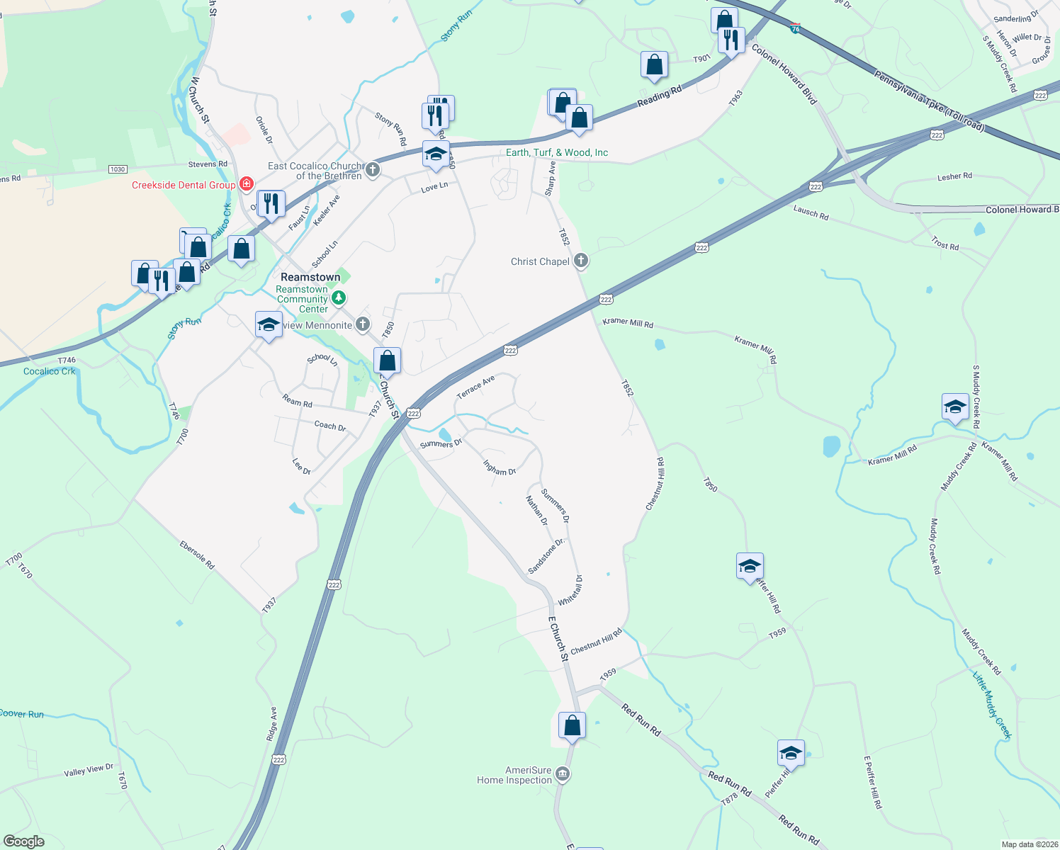 map of restaurants, bars, coffee shops, grocery stores, and more near 13 East Horseshoe Drive in Stevens