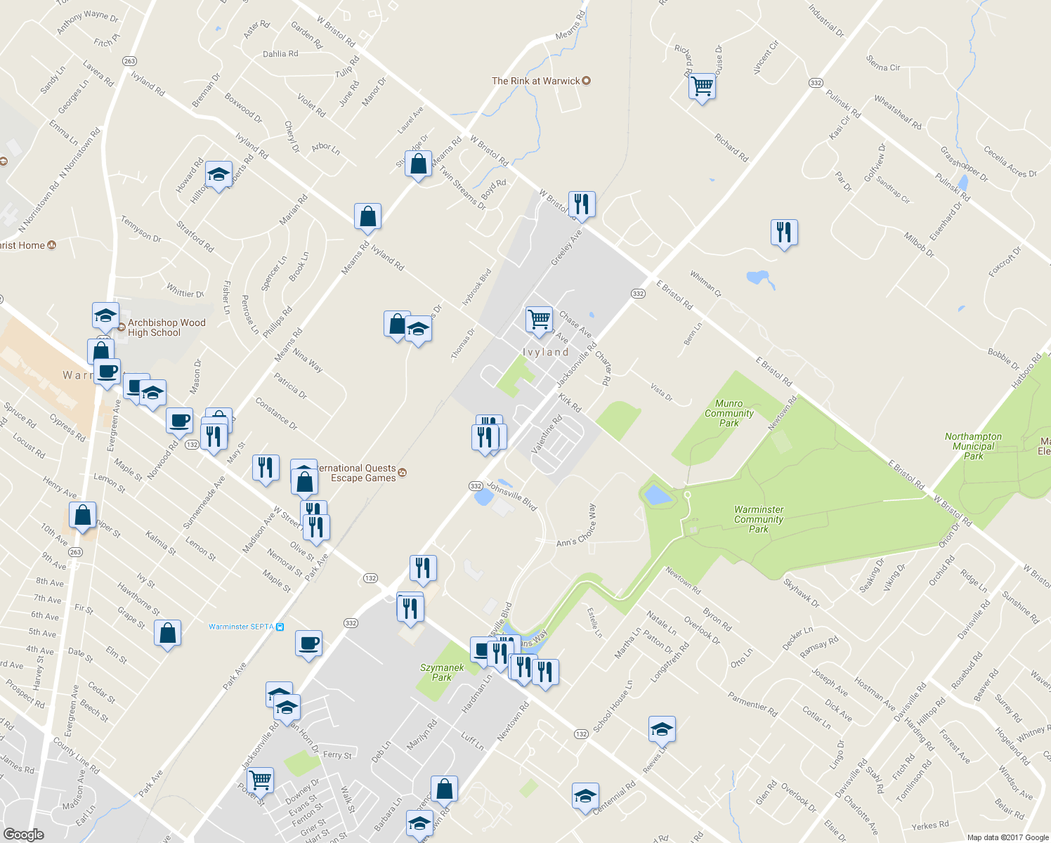 map of restaurants, bars, coffee shops, grocery stores, and more near 980 Jacksonville Road in Ivyland