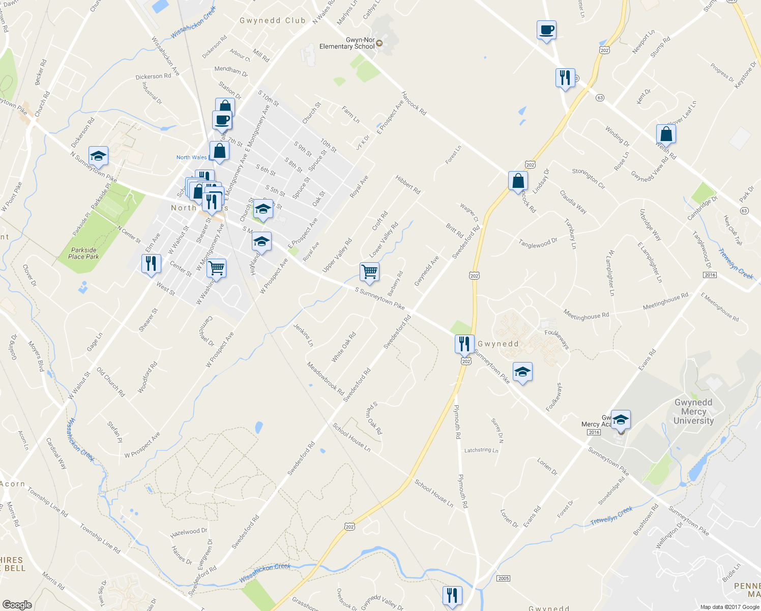 map of restaurants, bars, coffee shops, grocery stores, and more near 201 Oakland Place in North Wales