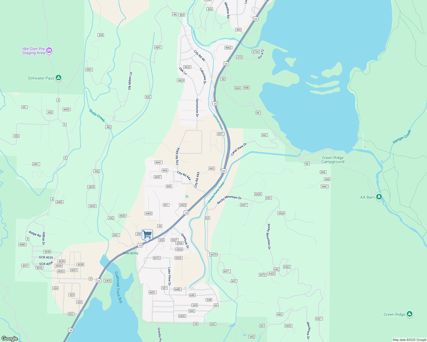 map of restaurants, bars, coffee shops, grocery stores, and more near County Road in Granby