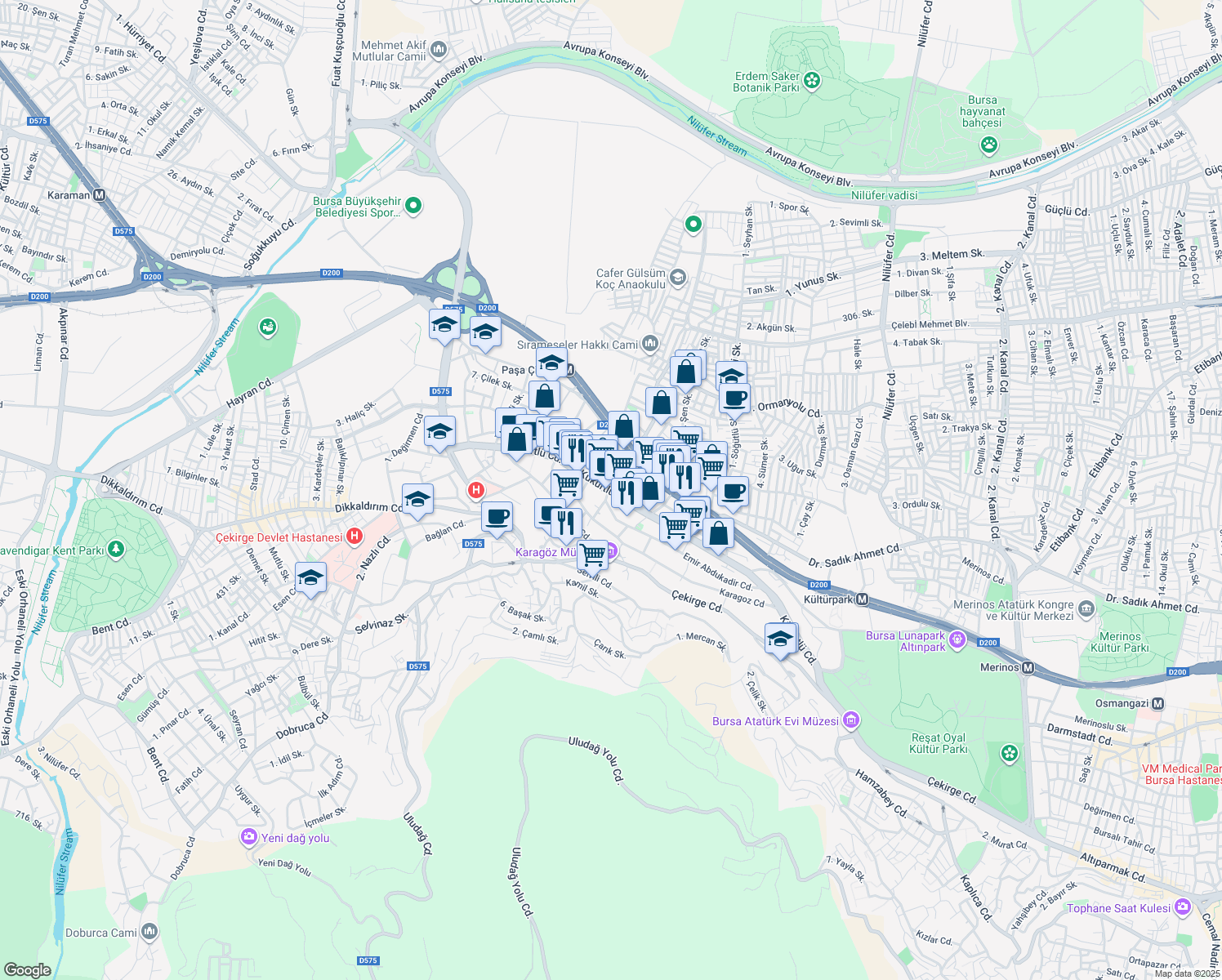 map of restaurants, bars, coffee shops, grocery stores, and more near in Osmangazi