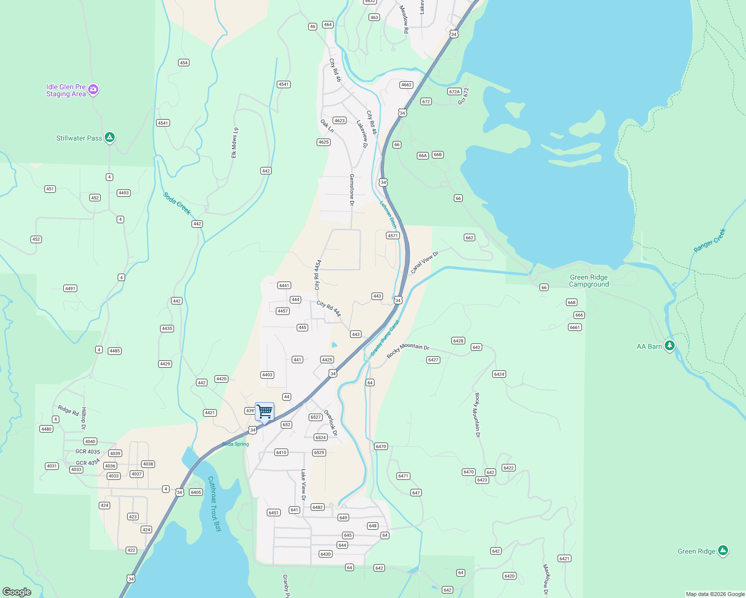 map of restaurants, bars, coffee shops, grocery stores, and more near 300 County Road 443 in Grand Lake