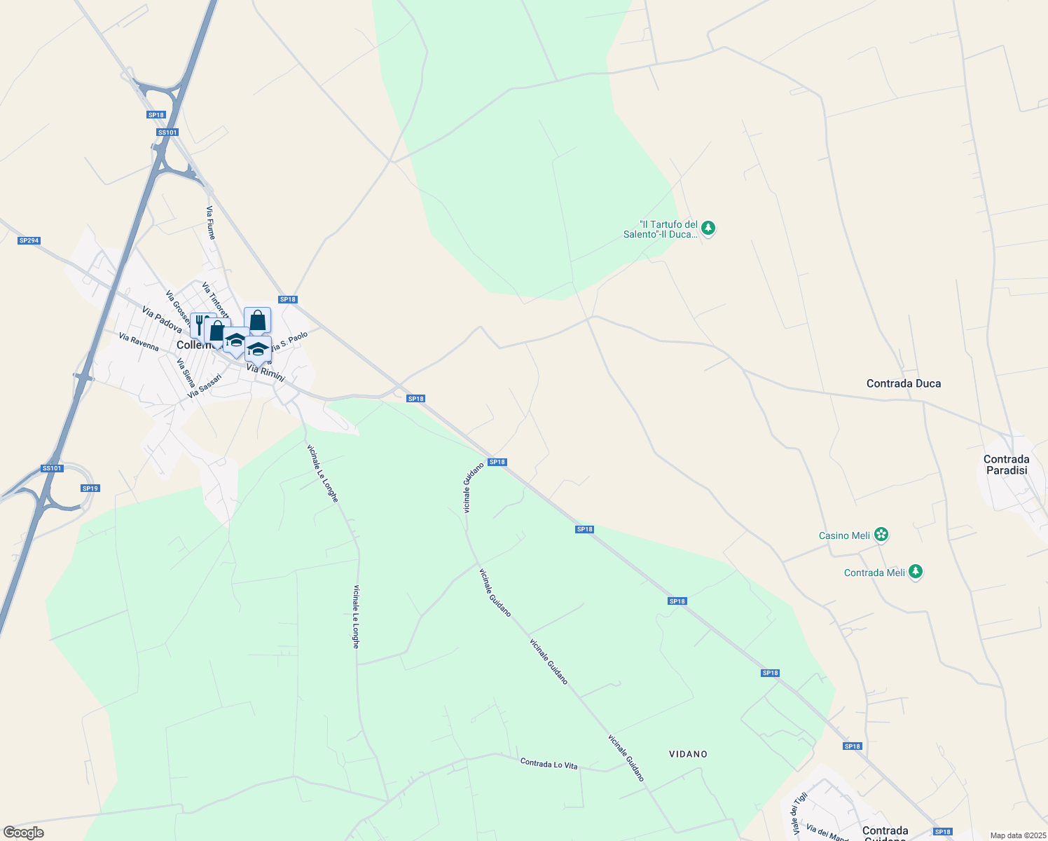 map of restaurants, bars, coffee shops, grocery stores, and more near 260 Strada Comunale Purifiche in Galatina