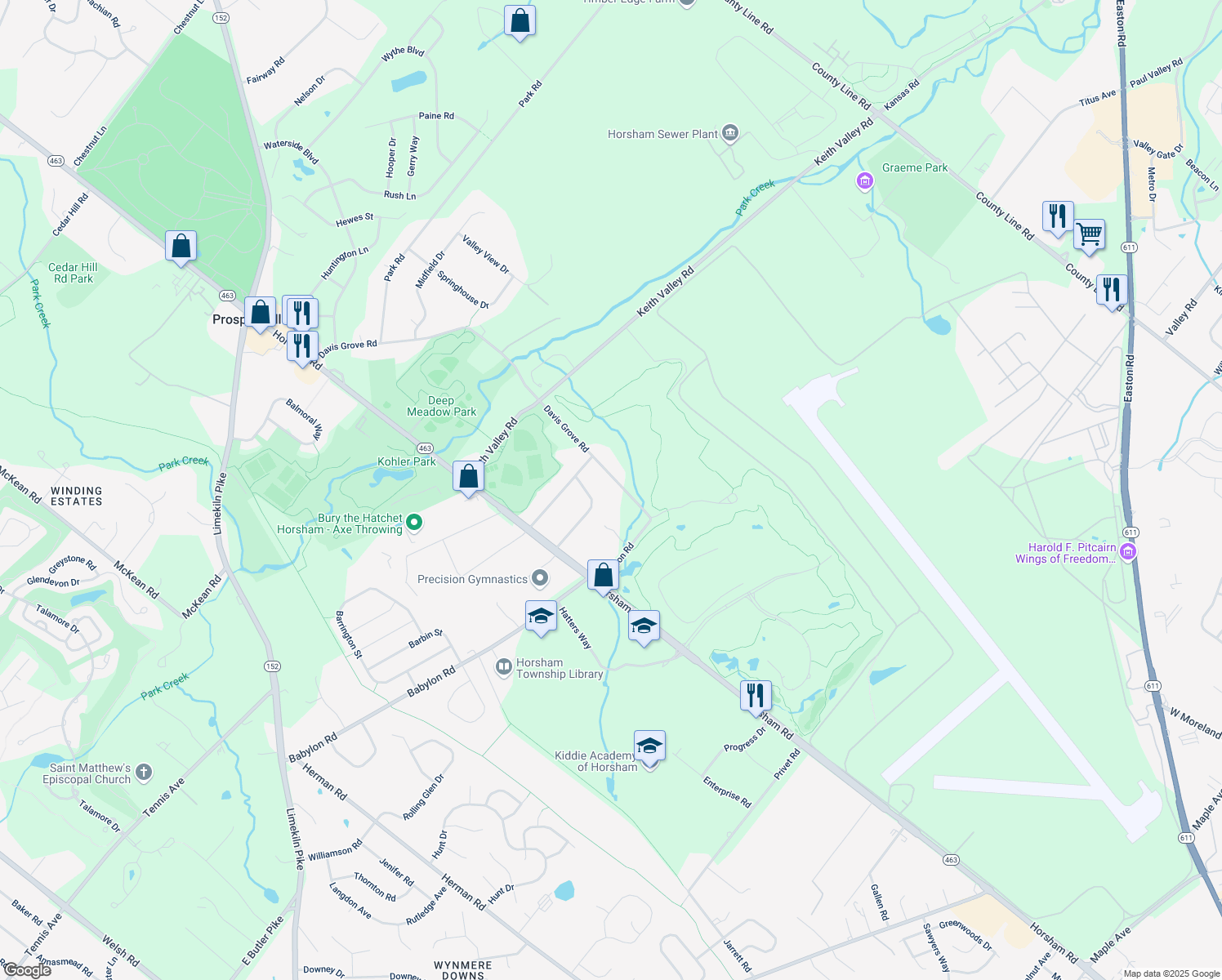 map of restaurants, bars, coffee shops, grocery stores, and more near 935 Davis Grove Road in Horsham