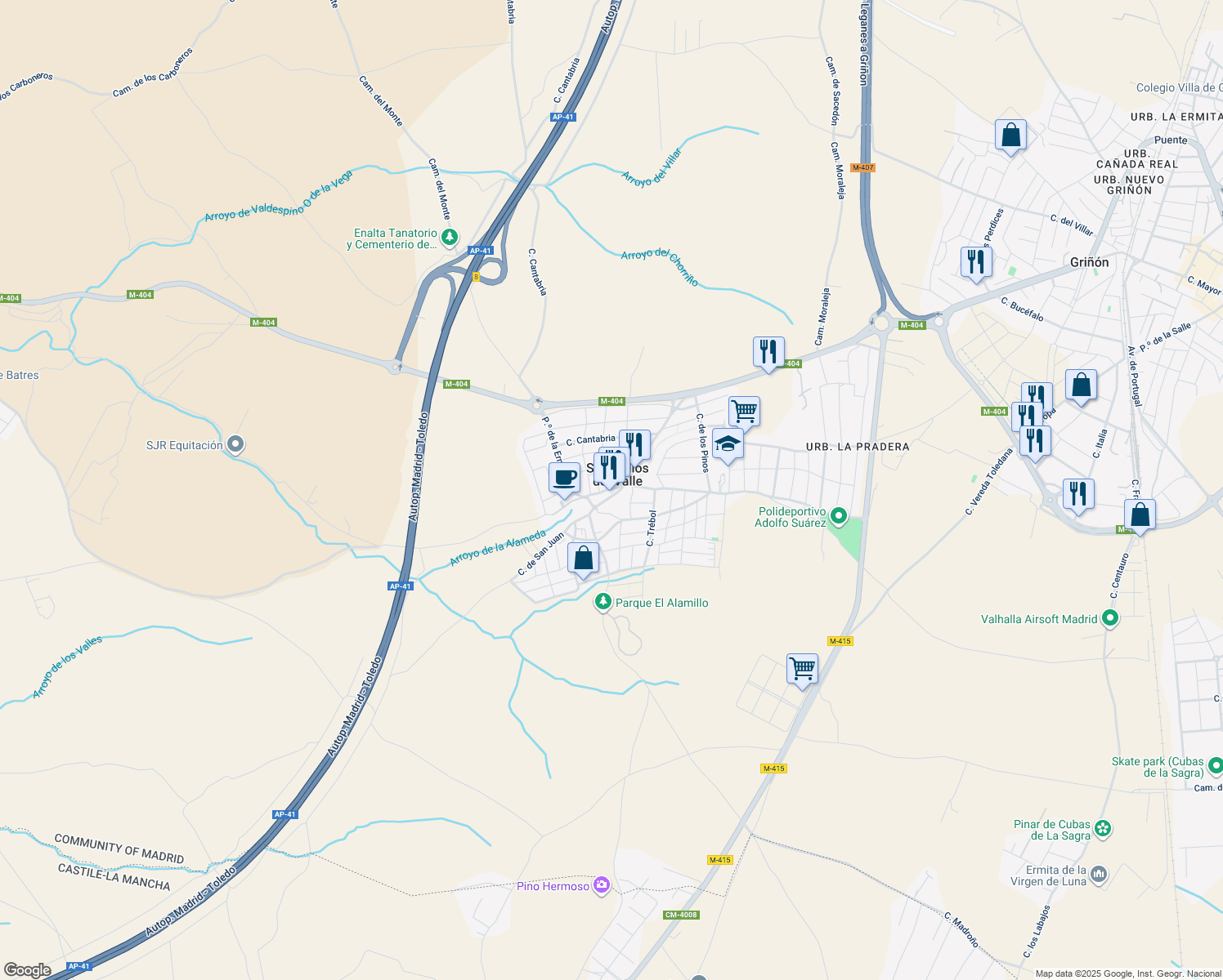 map of restaurants, bars, coffee shops, grocery stores, and more near 28 Calle Madrid in Serranillos del Valle
