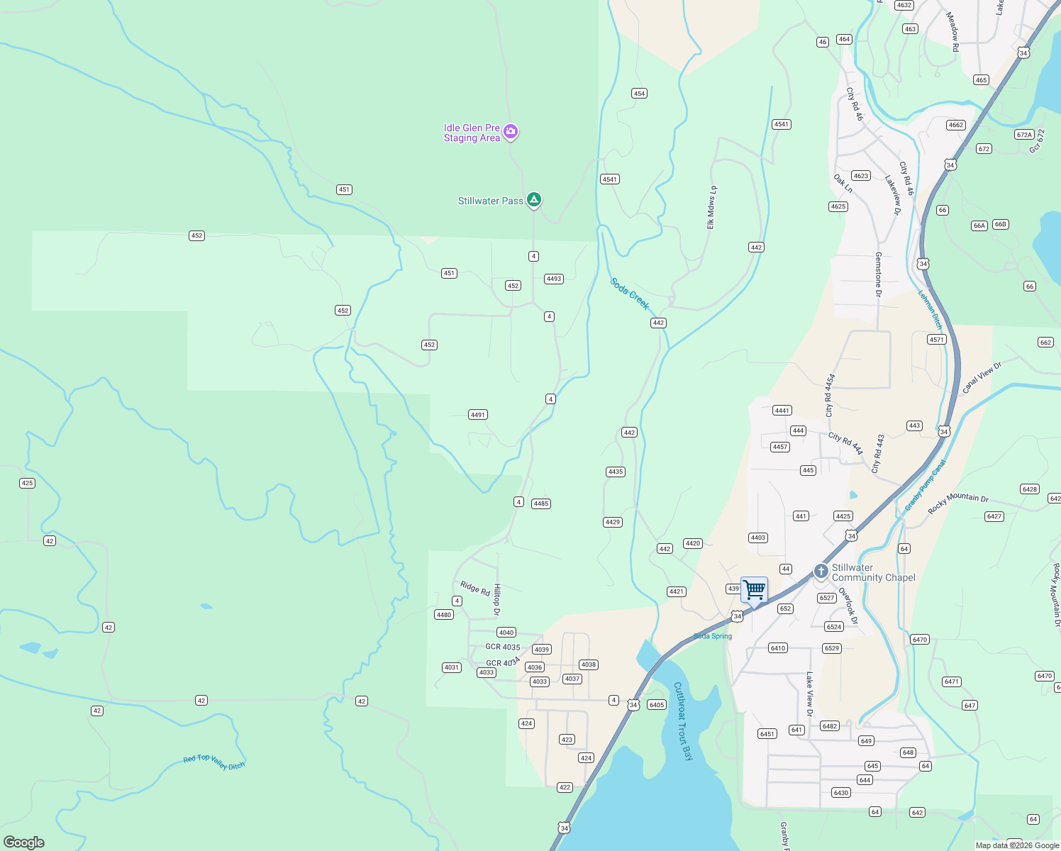 map of restaurants, bars, coffee shops, grocery stores, and more near 2 County Highway 4491 in Grand Lake