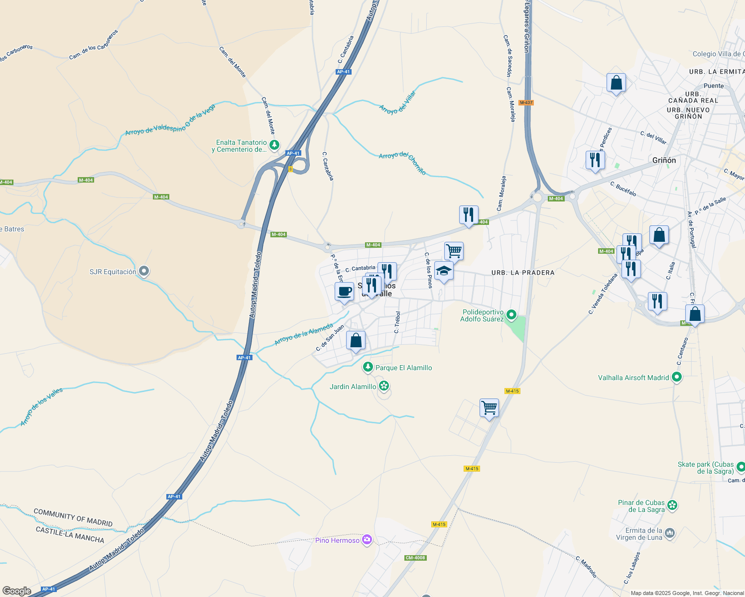 map of restaurants, bars, coffee shops, grocery stores, and more near 28 Calle Madrid in Serranillos del Valle