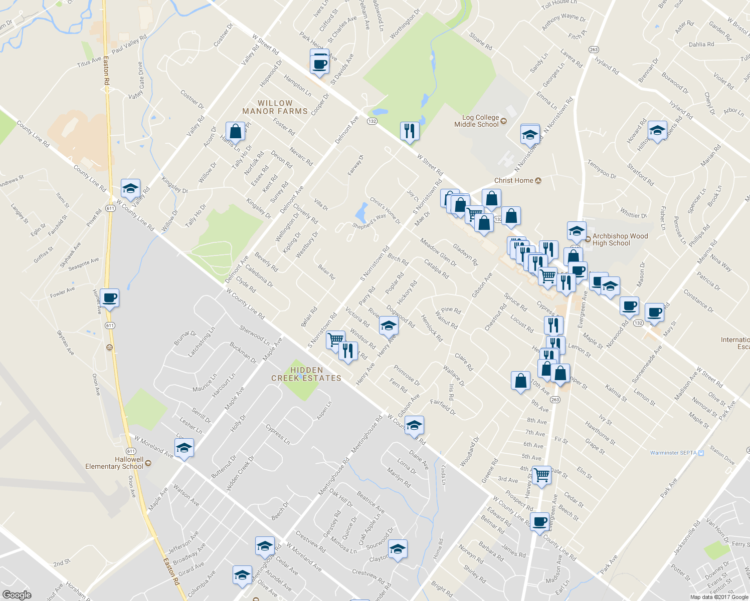 map of restaurants, bars, coffee shops, grocery stores, and more near 1046 Dogwood Road in Warminster