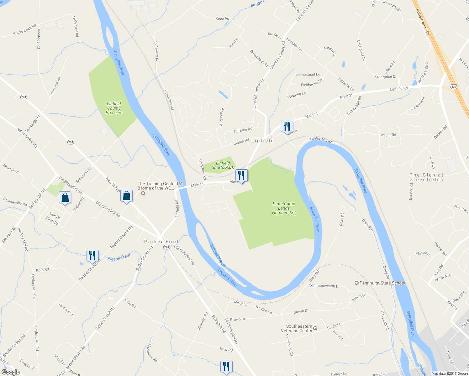 map of restaurants, bars, coffee shops, grocery stores, and more near 45 Sacco Road in Linfield