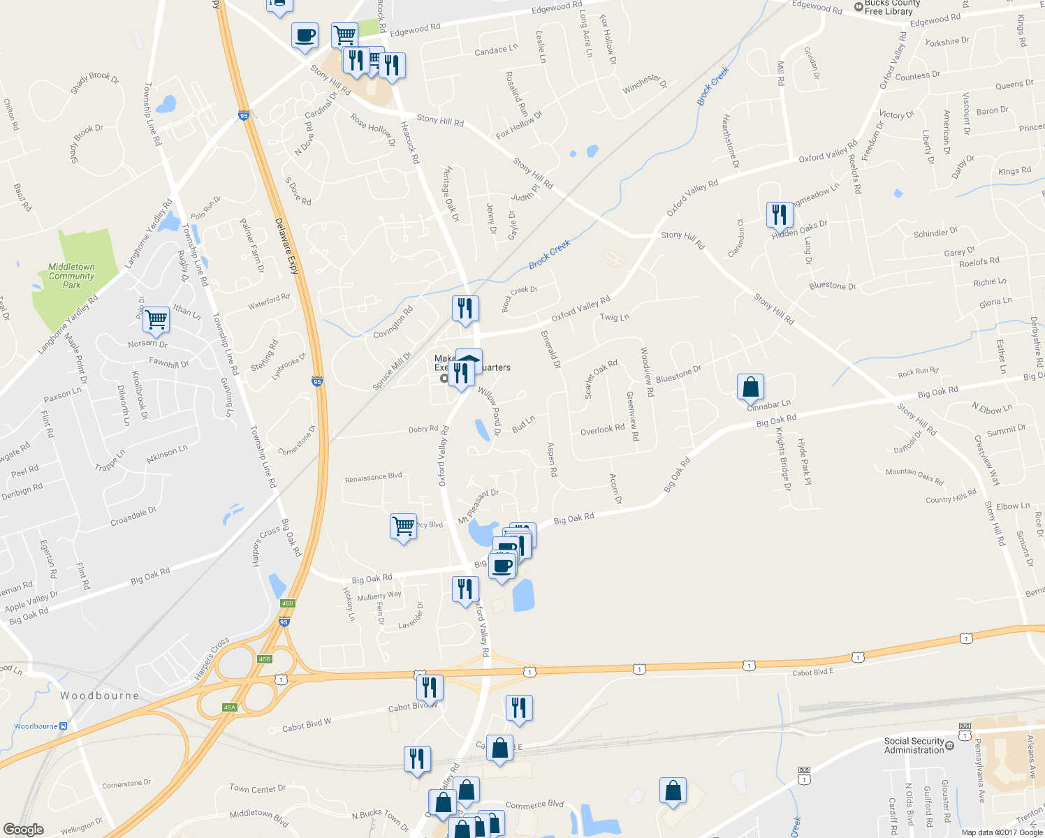 map of restaurants, bars, coffee shops, grocery stores, and more near 1570 Bud Lane in Yardley