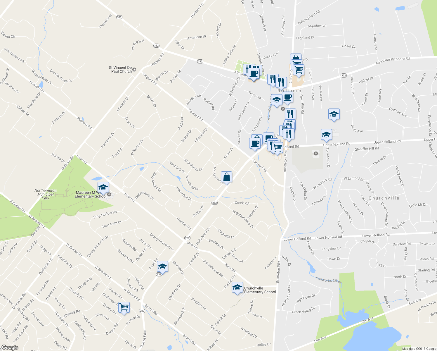 map of restaurants, bars, coffee shops, grocery stores, and more near 41 Mount Pleasant Drive in Churchville