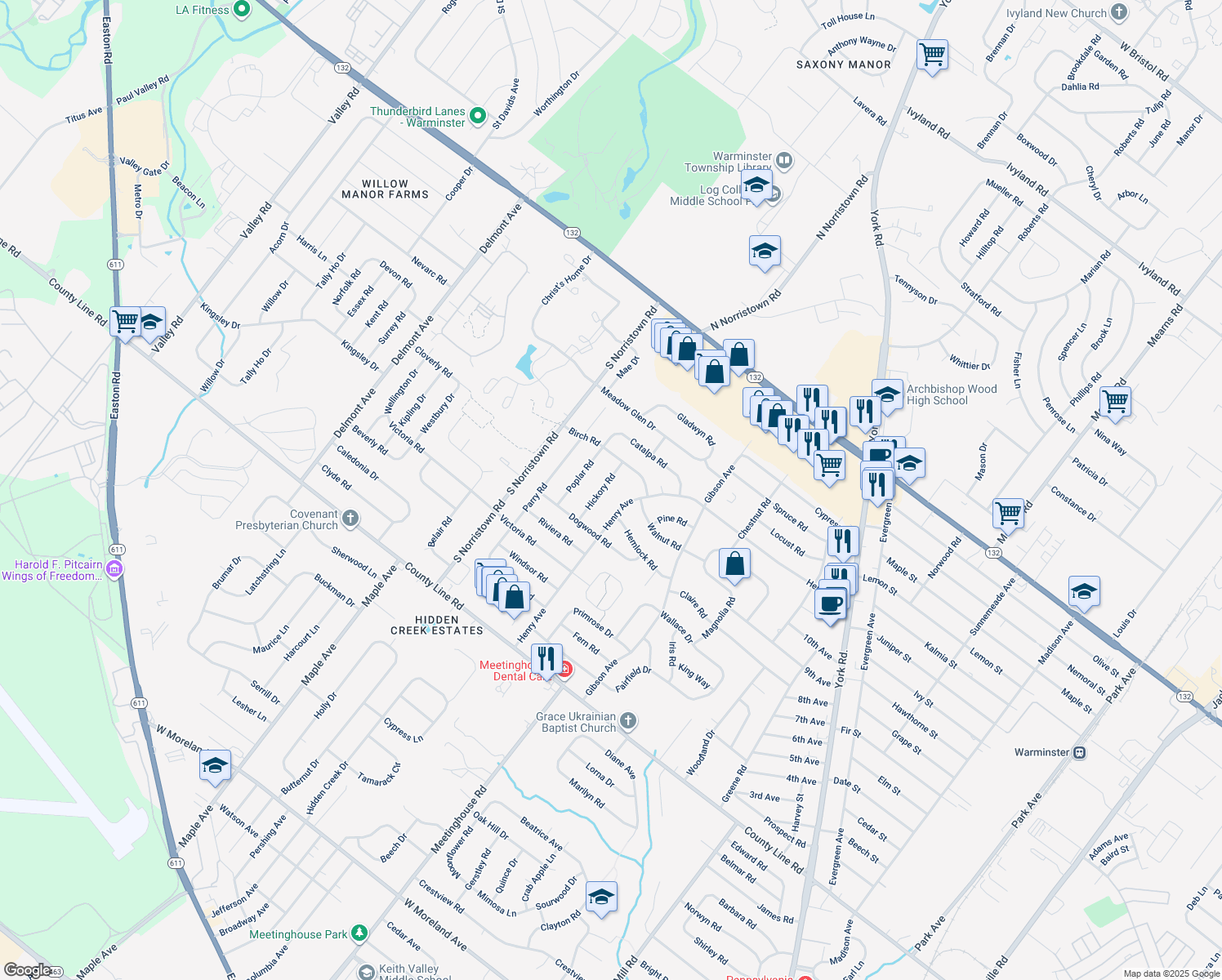map of restaurants, bars, coffee shops, grocery stores, and more near 299 Hickory Road in Warminster