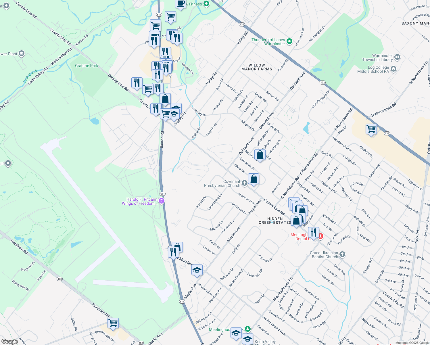 map of restaurants, bars, coffee shops, grocery stores, and more near 606 Winding Rd in Hatboro