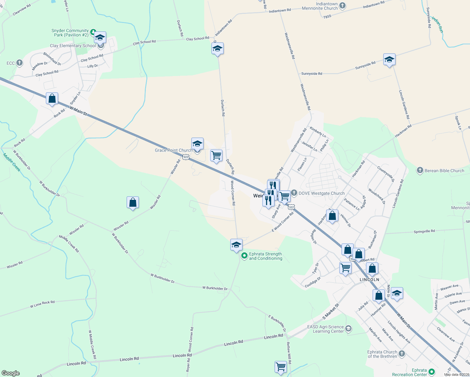 map of restaurants, bars, coffee shops, grocery stores, and more near 35 Wood Corner Road in Lititz