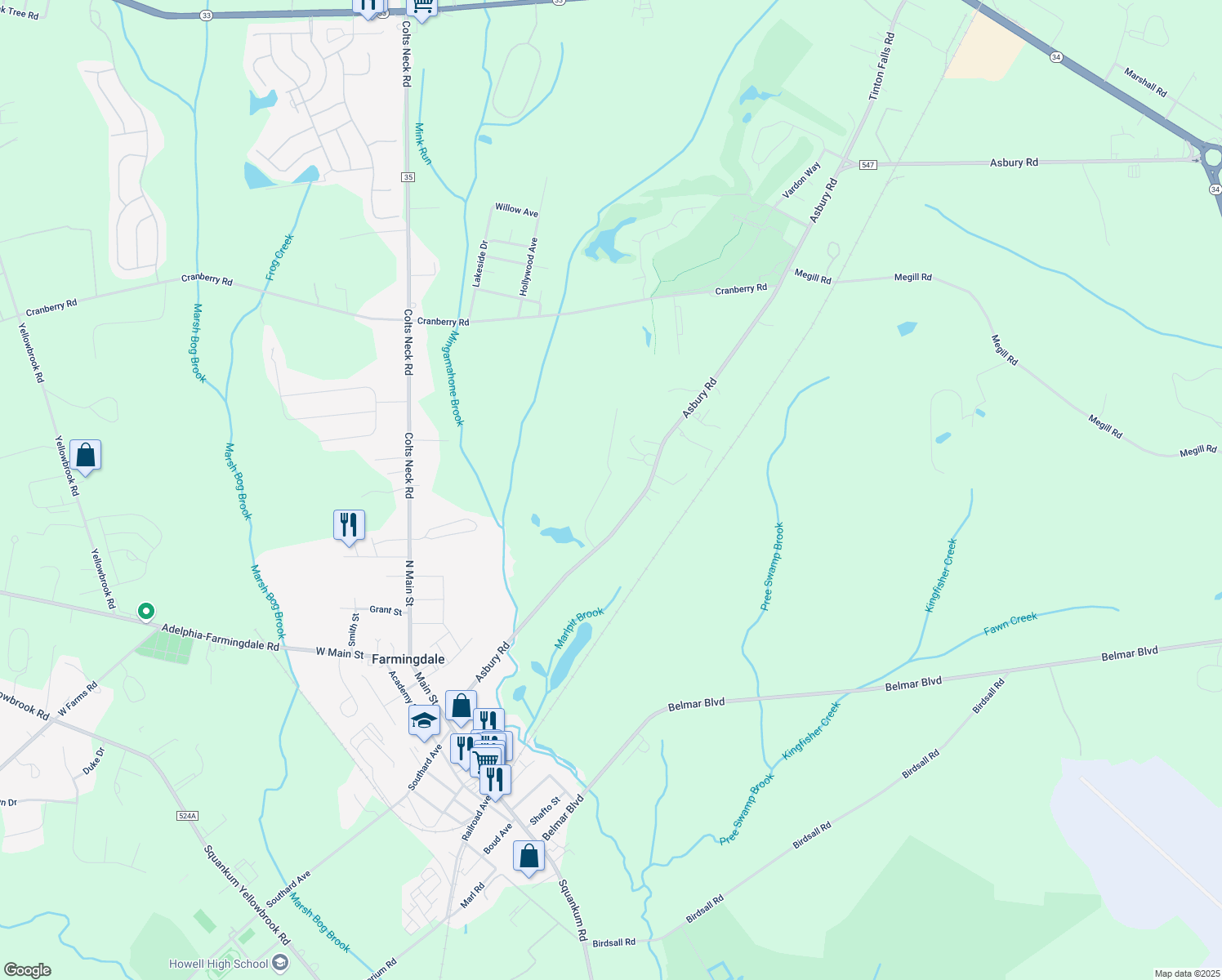 map of restaurants, bars, coffee shops, grocery stores, and more near 16 Johnny Drive in Farmingdale