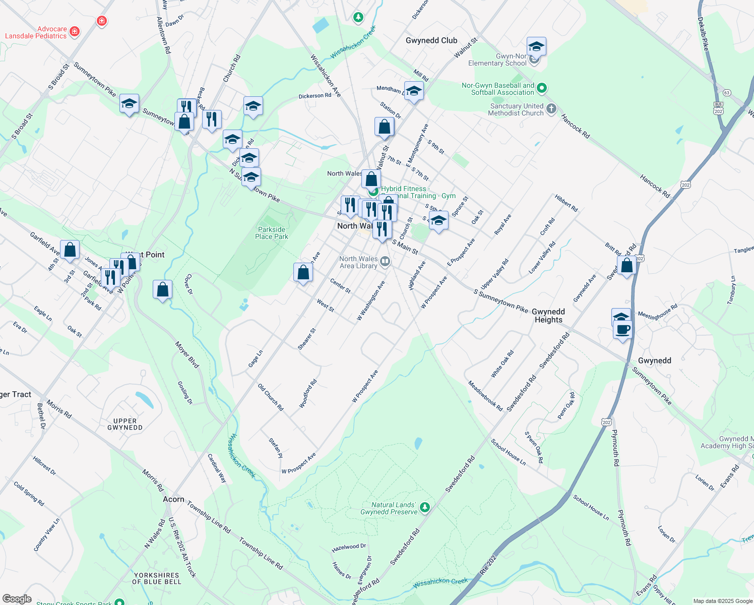 map of restaurants, bars, coffee shops, grocery stores, and more near 341 Washington Avenue in North Wales