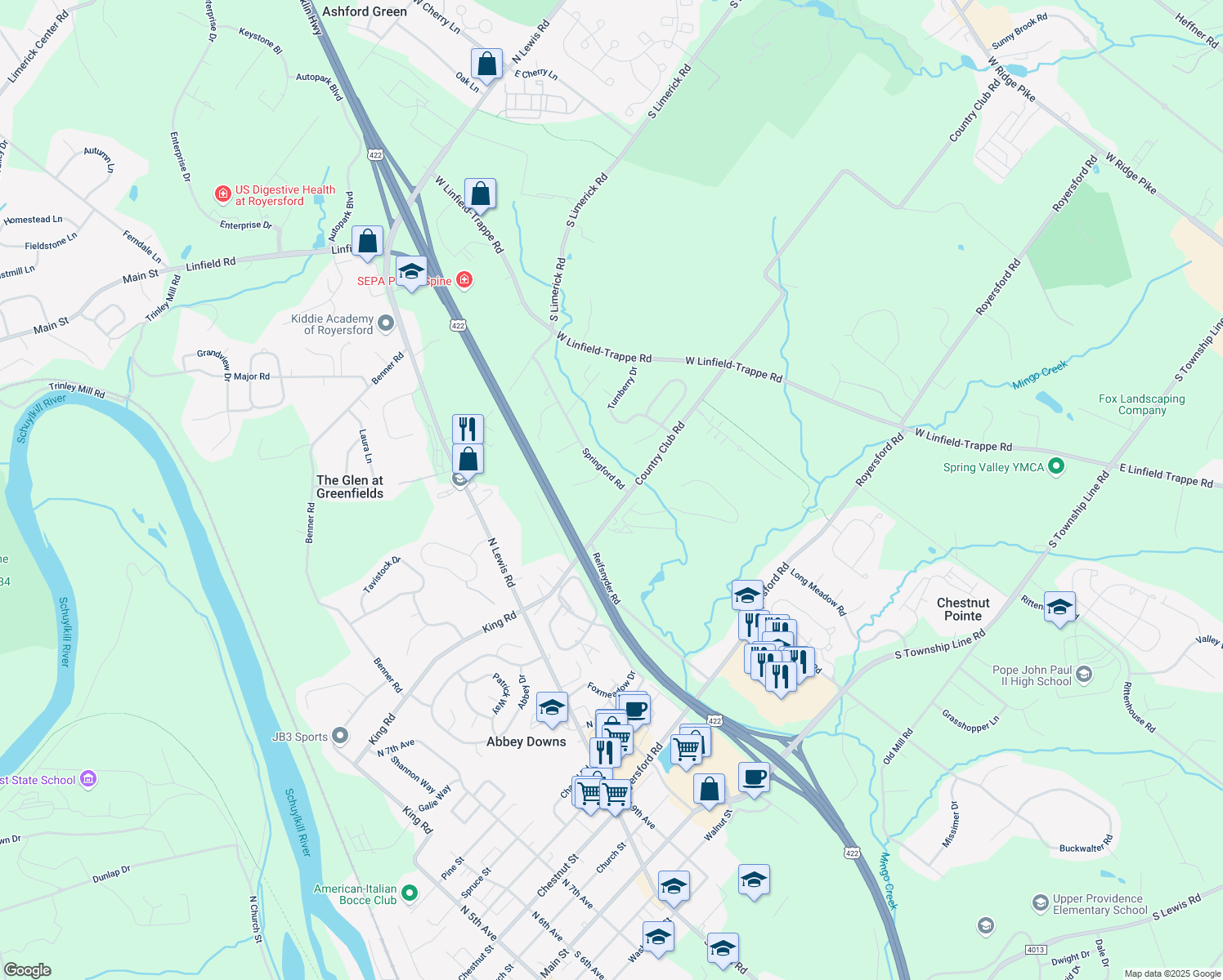 map of restaurants, bars, coffee shops, grocery stores, and more near 90 Springford Road in Royersford