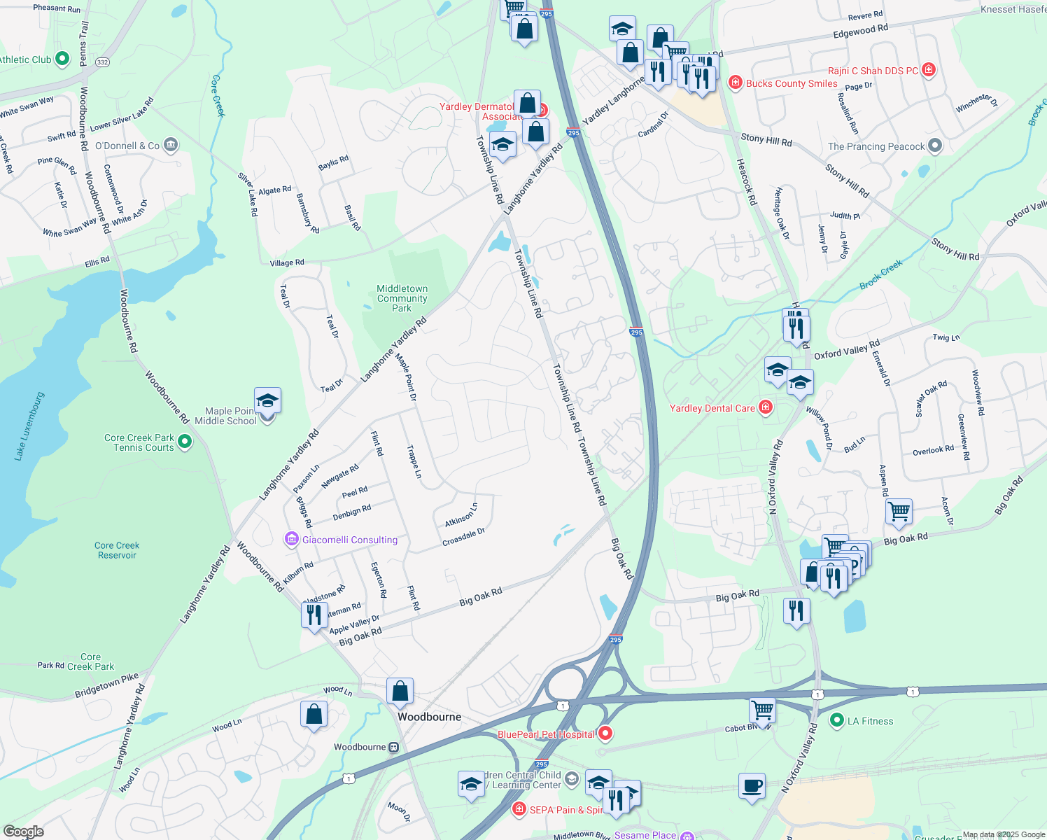 map of restaurants, bars, coffee shops, grocery stores, and more near 771 Atkinson Lane in Langhorne
