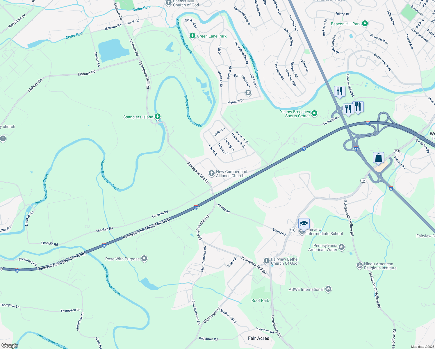 map of restaurants, bars, coffee shops, grocery stores, and more near 122 Pin Oak Dr in New Cumberland