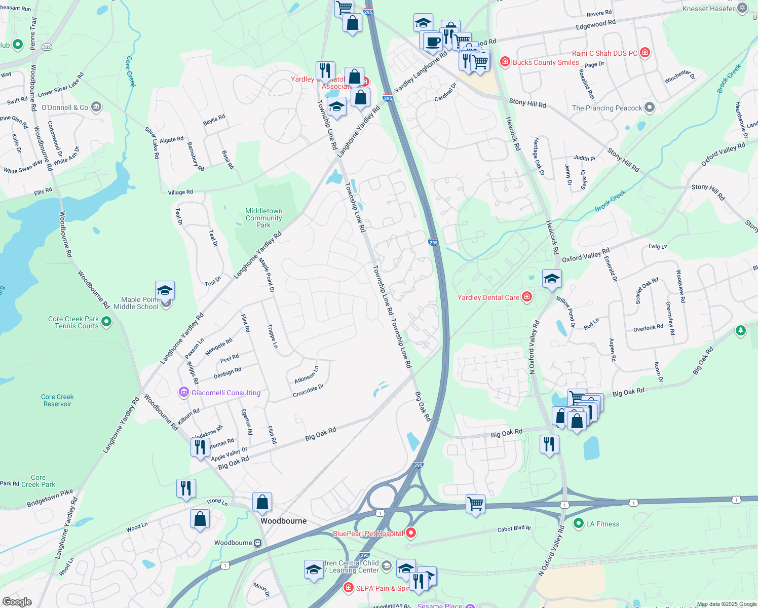 map of restaurants, bars, coffee shops, grocery stores, and more near 49 Gunning Lane in Langhorne