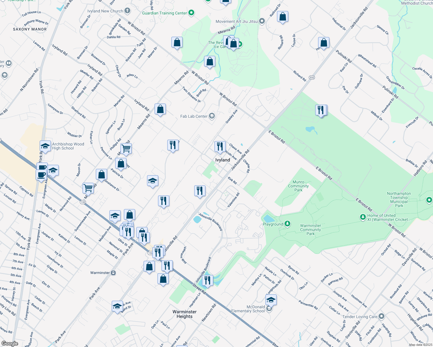 map of restaurants, bars, coffee shops, grocery stores, and more near 40 Willard Ave in Warminster