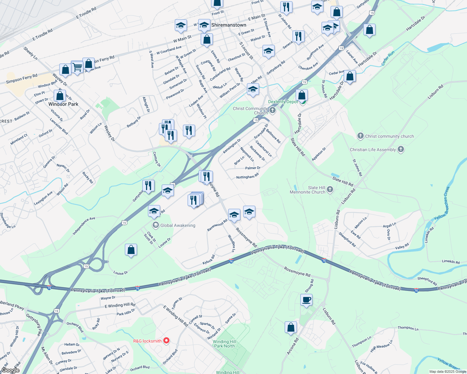 map of restaurants, bars, coffee shops, grocery stores, and more near 93 Kensington Drive in Camp Hill