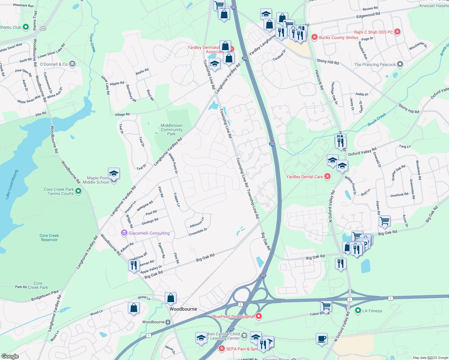 map of restaurants, bars, coffee shops, grocery stores, and more near 780 Atkinson Lane in Langhorne