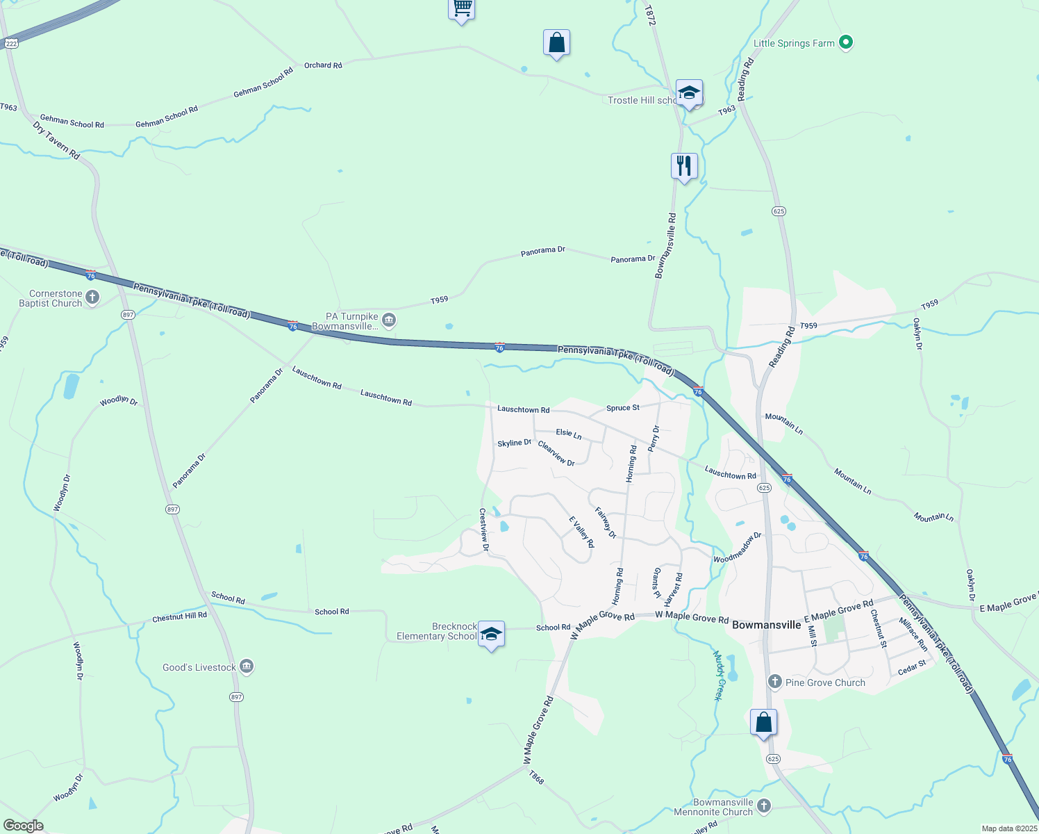 map of restaurants, bars, coffee shops, grocery stores, and more near 273 Lauschtown Road in Denver