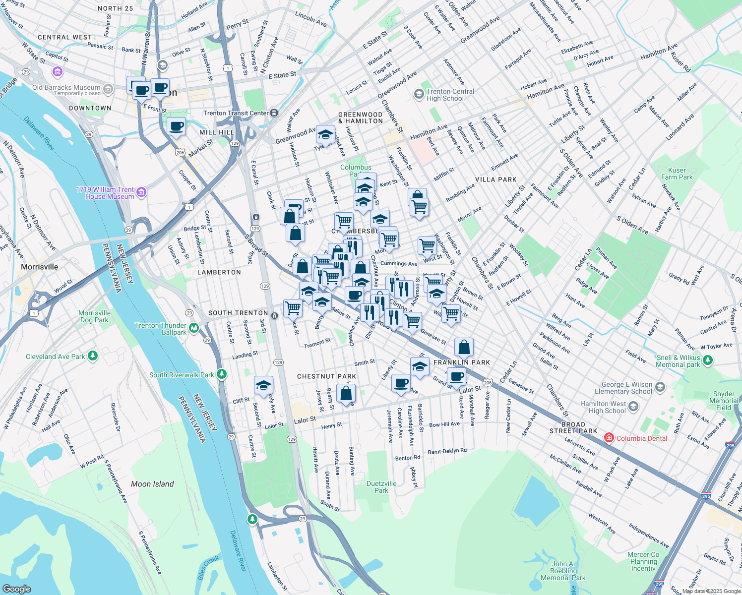 map of restaurants, bars, coffee shops, grocery stores, and more near 1217 Chestnut Avenue in Trenton