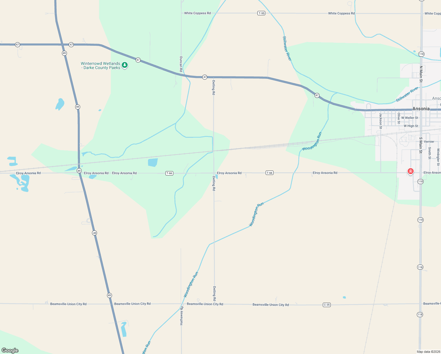 map of restaurants, bars, coffee shops, grocery stores, and more near 3635 Elroy-Ansonia Rd in Ansonia