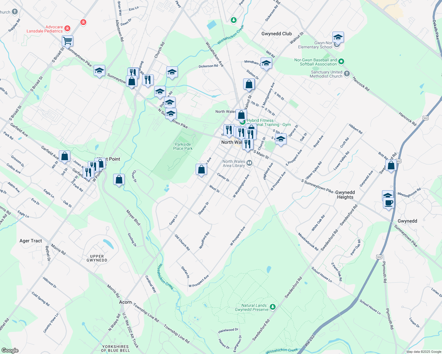 map of restaurants, bars, coffee shops, grocery stores, and more near 400 Shearer Street in North Wales