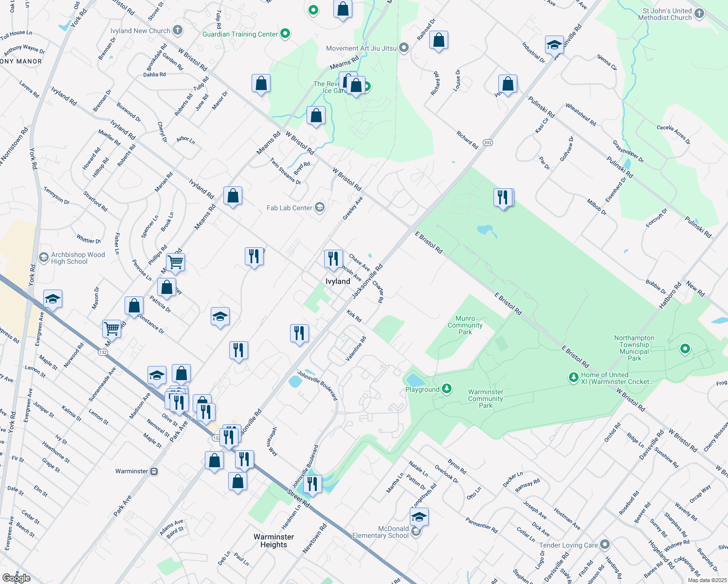 map of restaurants, bars, coffee shops, grocery stores, and more near 11 Dorsett Circle in Warminster