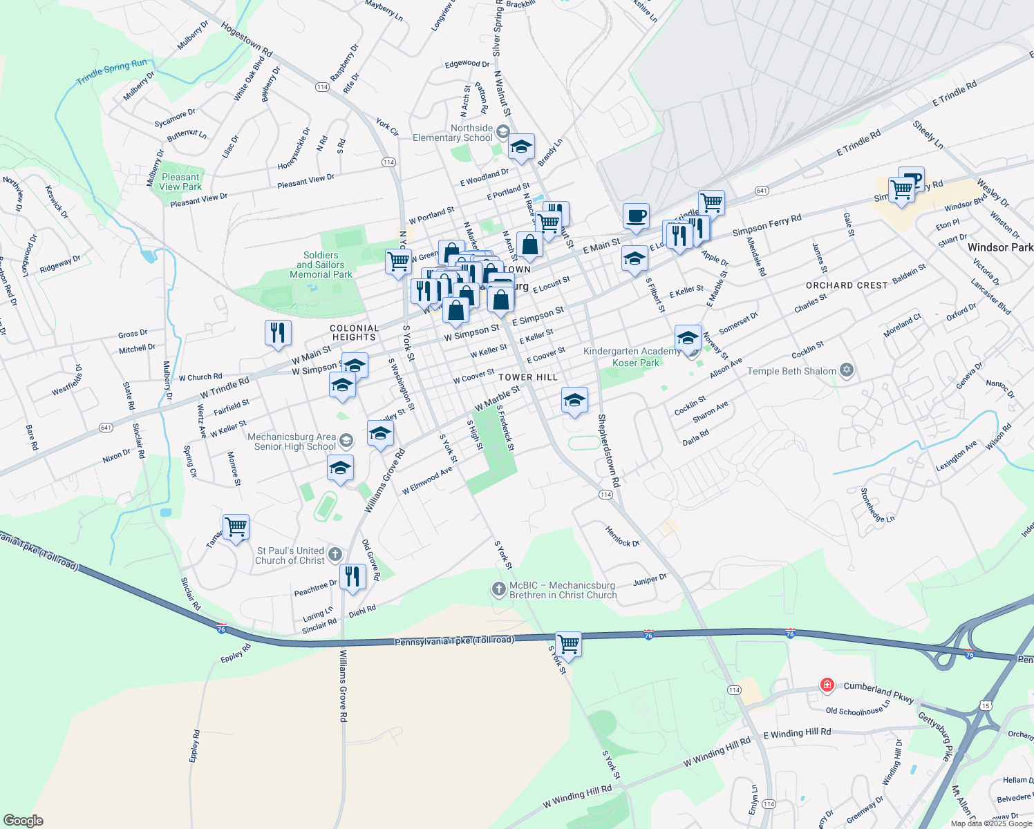 map of restaurants, bars, coffee shops, grocery stores, and more near 19 West Maplewood Avenue in Mechanicsburg