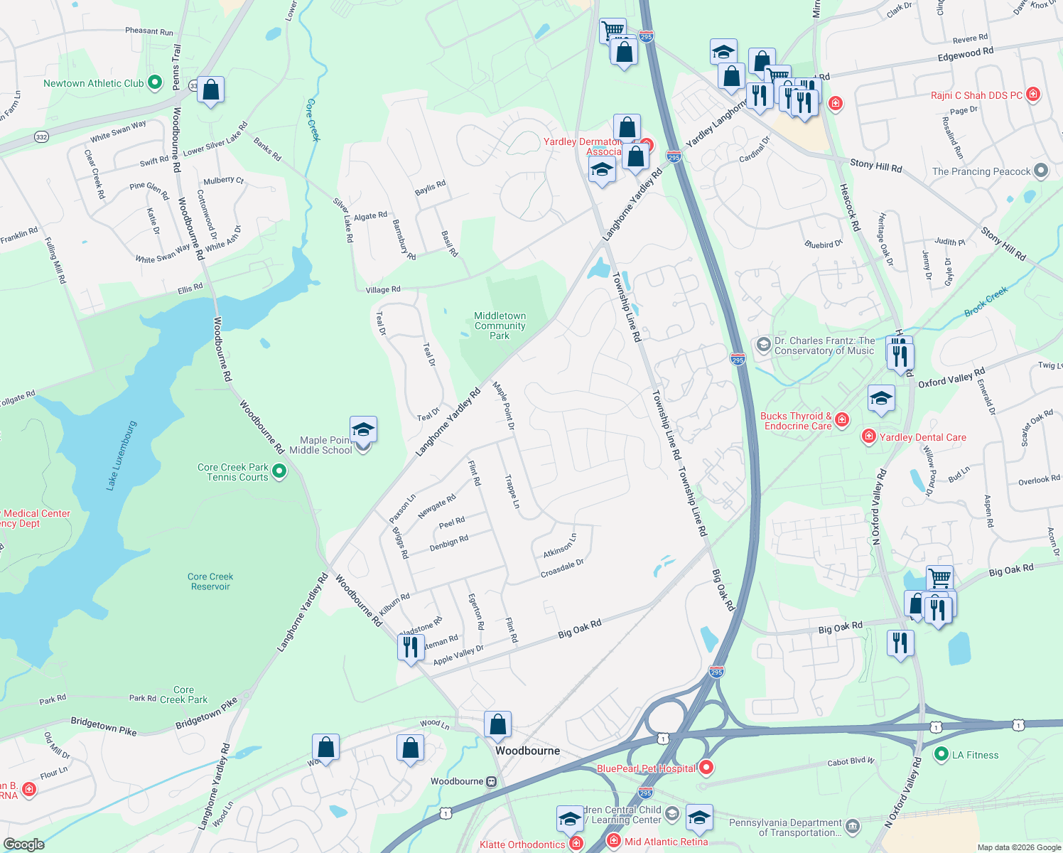 map of restaurants, bars, coffee shops, grocery stores, and more near 262 Dilworth Lane in Langhorne