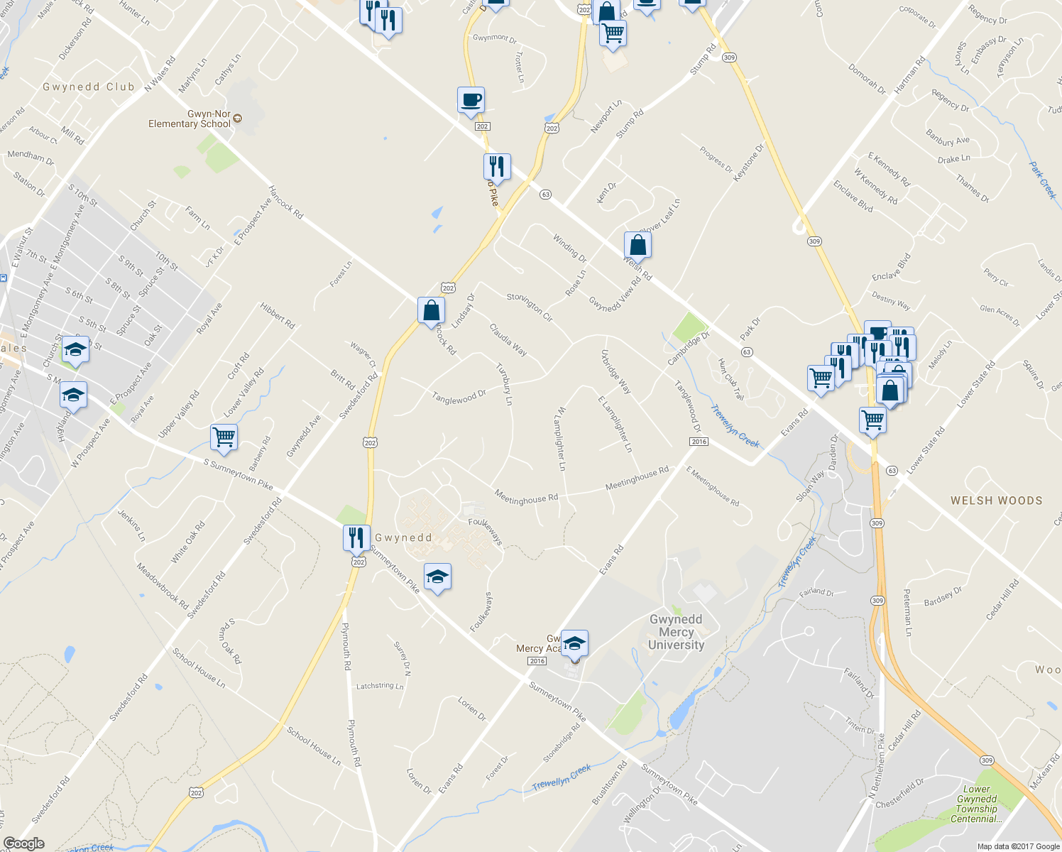 map of restaurants, bars, coffee shops, grocery stores, and more near 1224 Turnbury Lane in North Wales