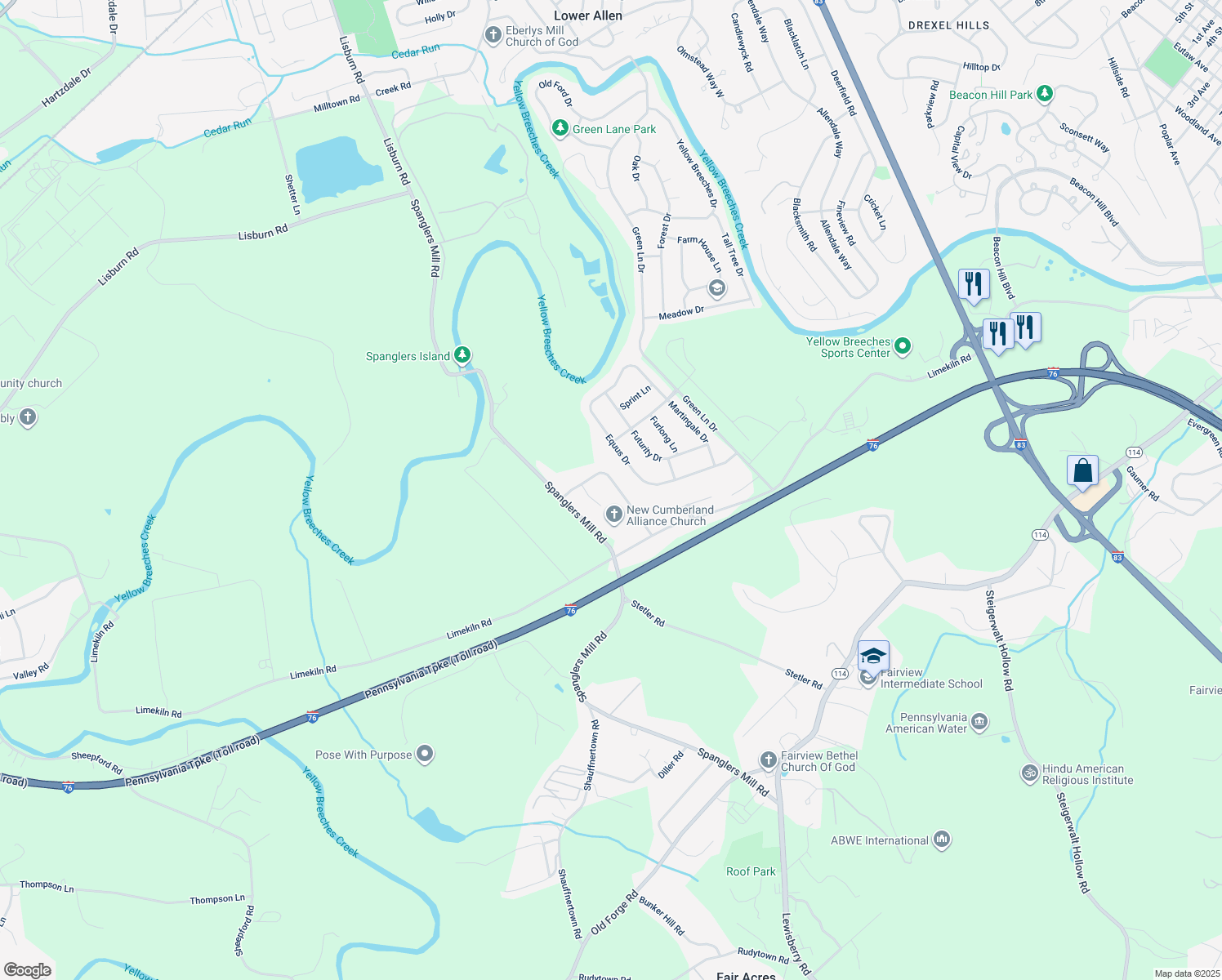 map of restaurants, bars, coffee shops, grocery stores, and more near 112 Pin Oak Dr in New Cumberland