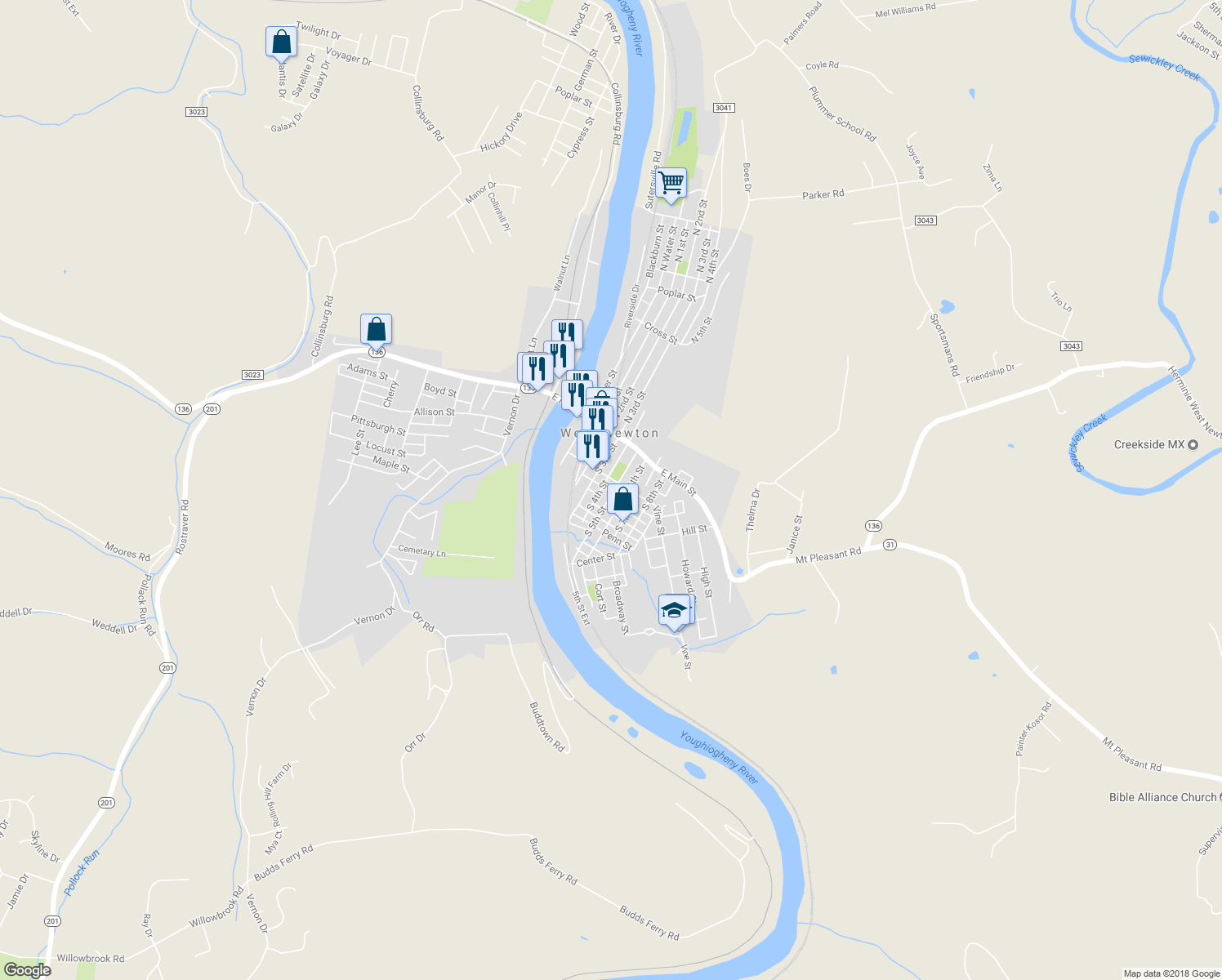map of restaurants, bars, coffee shops, grocery stores, and more near 202 South 5th Street in West Newton