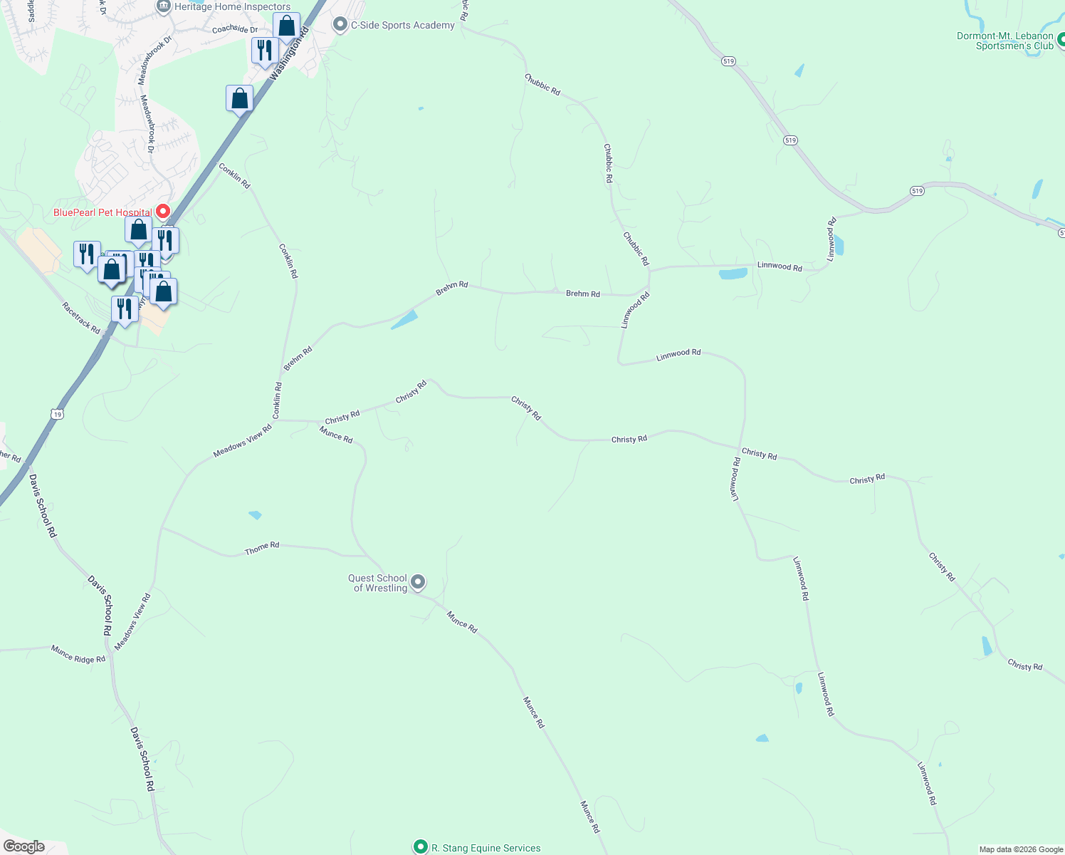 map of restaurants, bars, coffee shops, grocery stores, and more near 192 Christy Road in Eighty Four
