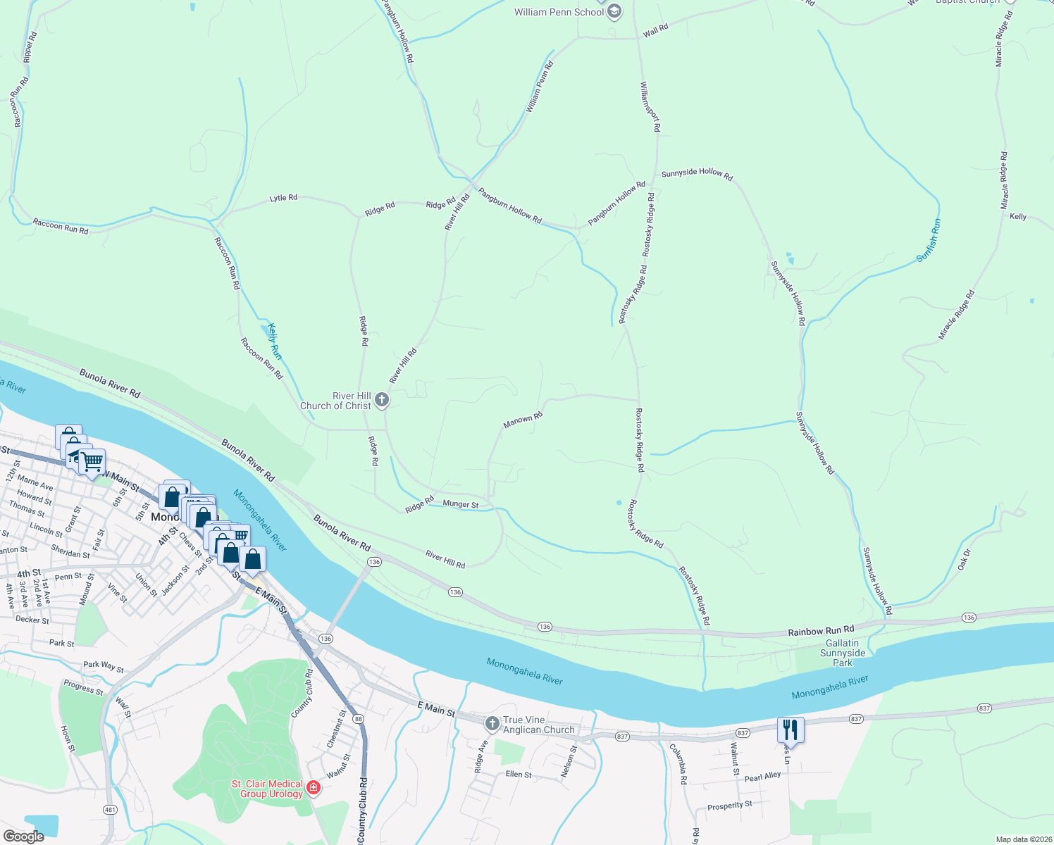 map of restaurants, bars, coffee shops, grocery stores, and more near 920 Joseph Lane in Monongahela