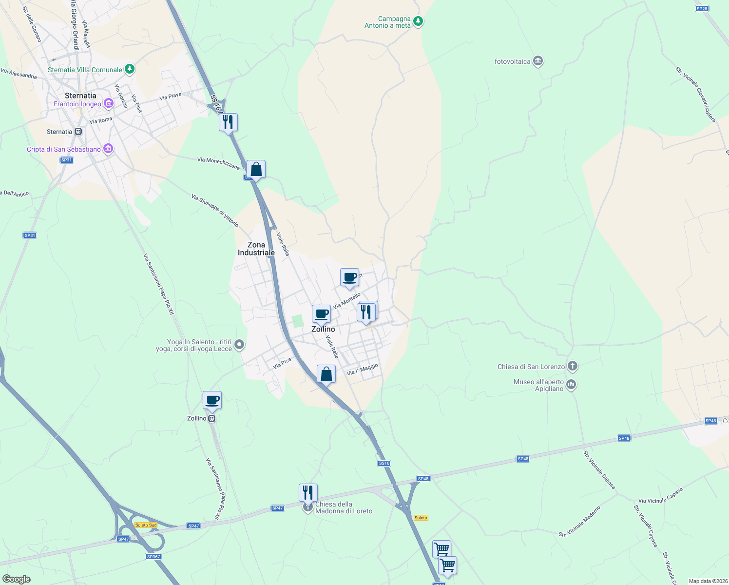 map of restaurants, bars, coffee shops, grocery stores, and more near 34 Via Alcide De Gasperi in Zollino