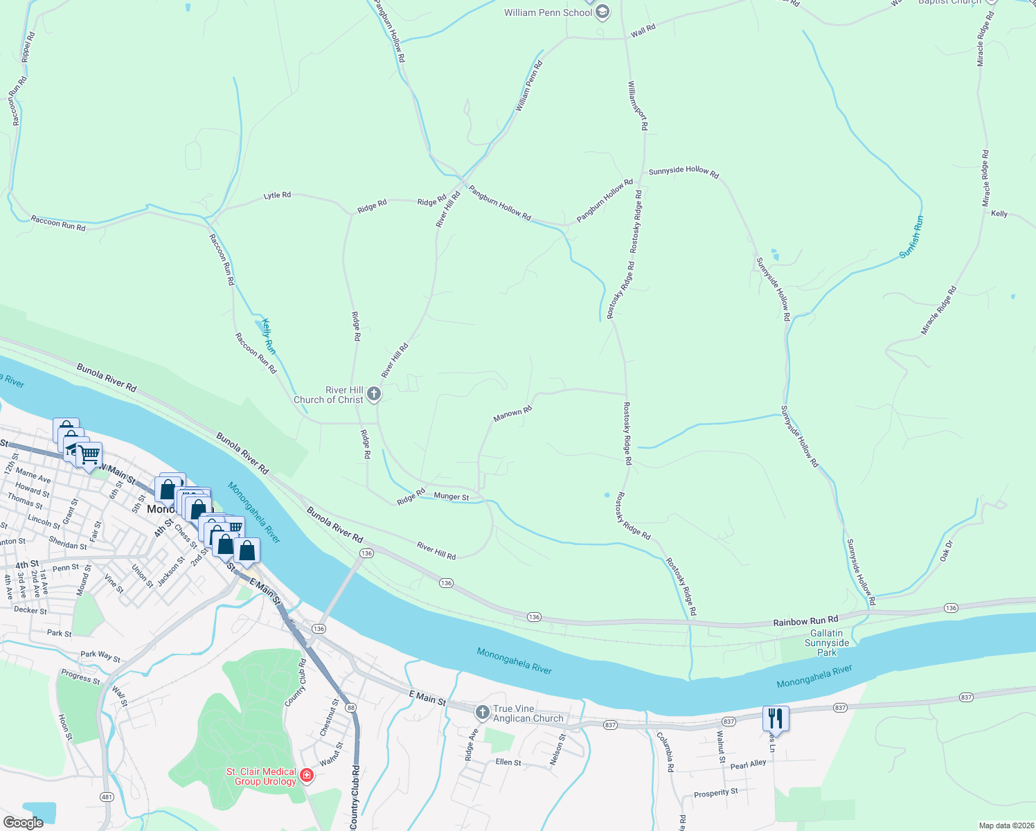 map of restaurants, bars, coffee shops, grocery stores, and more near 920 Joseph Lane in Monongahela