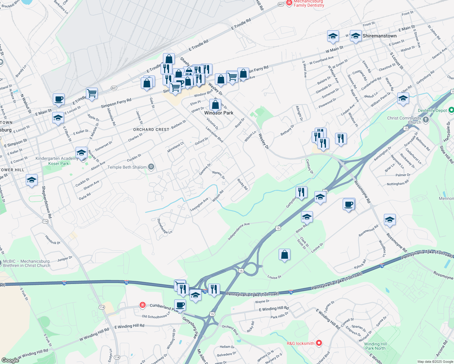 map of restaurants, bars, coffee shops, grocery stores, and more near 1125 Nanroc Drive in Mechanicsburg