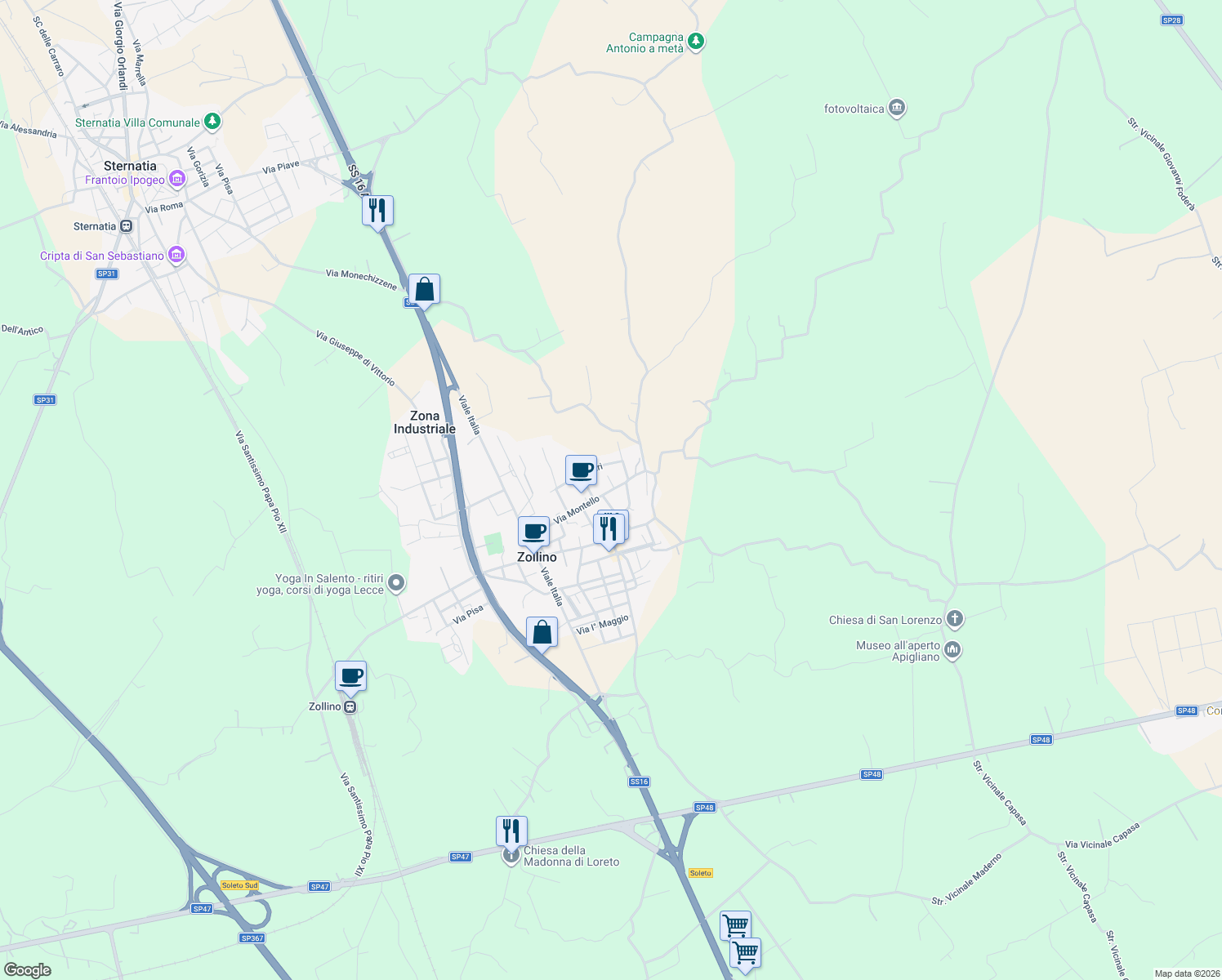 map of restaurants, bars, coffee shops, grocery stores, and more near 34 Via Alcide De Gasperi in Zollino