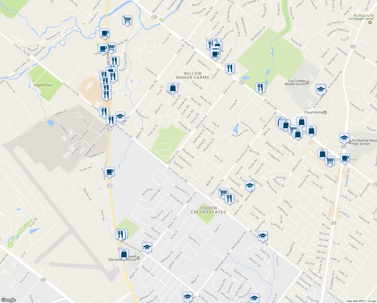 map of restaurants, bars, coffee shops, grocery stores, and more near 125 Wellington Drive in Warminster