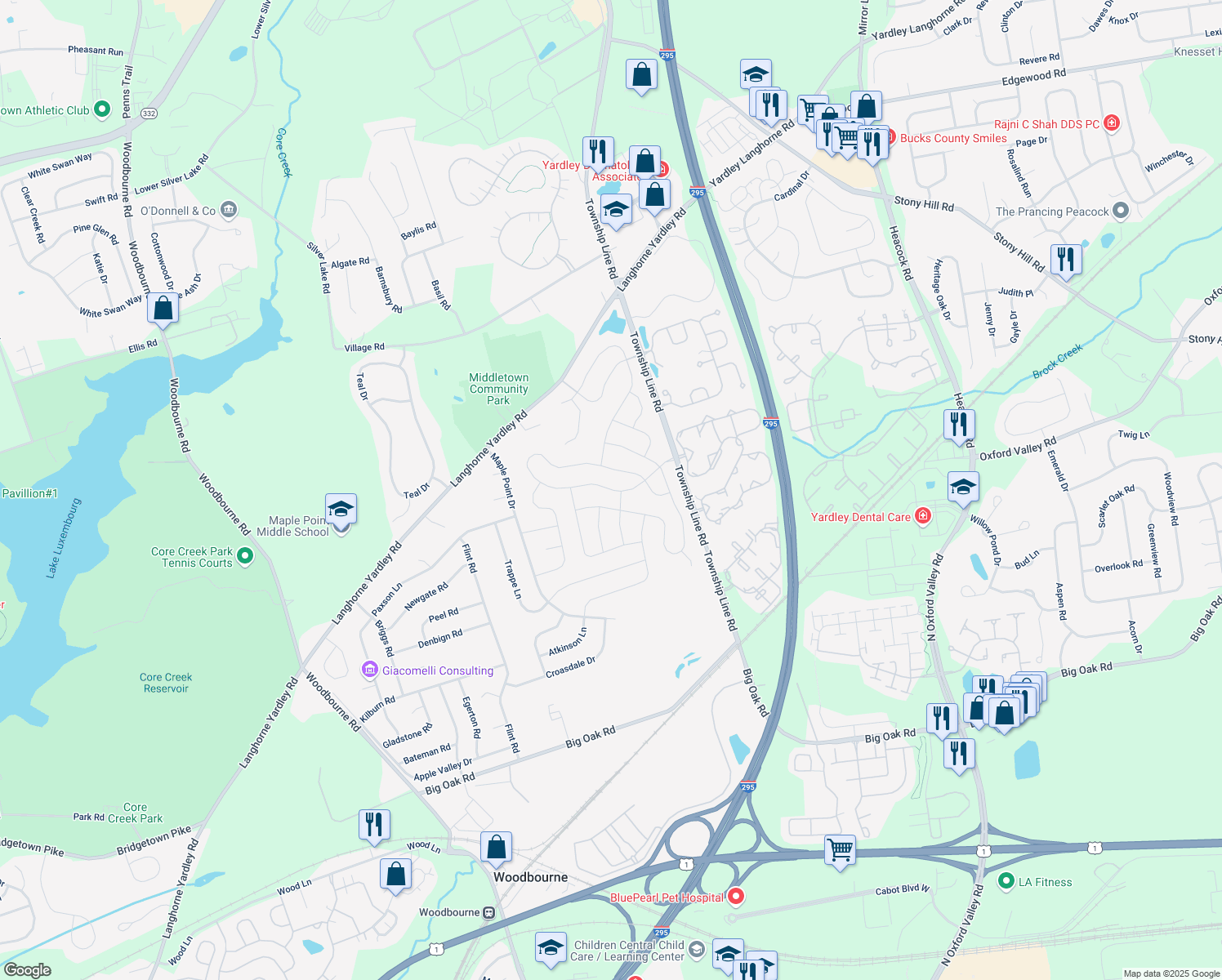 map of restaurants, bars, coffee shops, grocery stores, and more near 580 Fawnhill Drive in Langhorne