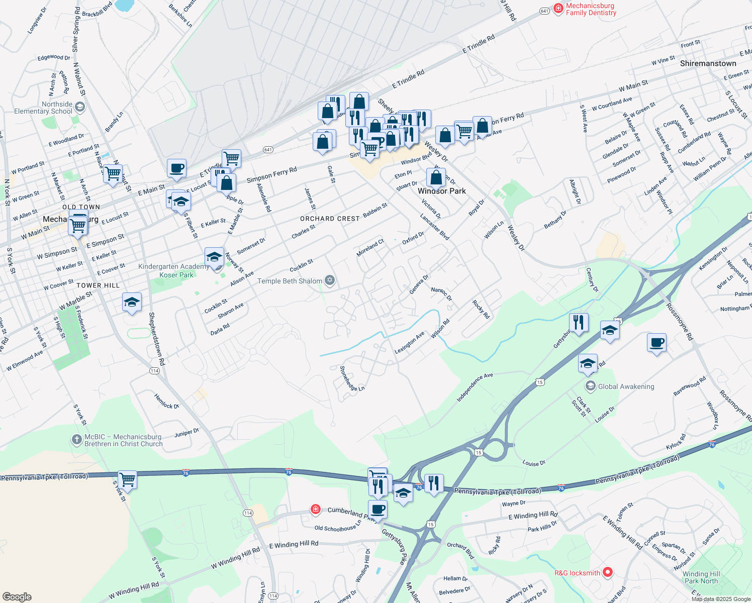 map of restaurants, bars, coffee shops, grocery stores, and more near 413 Delancey Court in Mechanicsburg