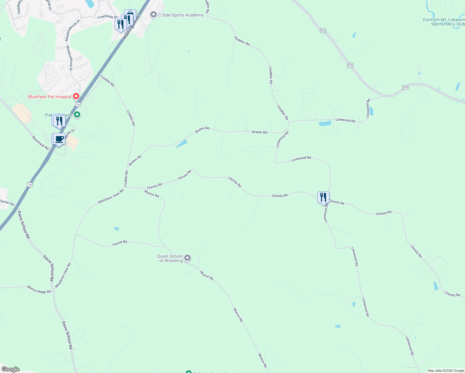 map of restaurants, bars, coffee shops, grocery stores, and more near 192 Christy Road in Eighty Four